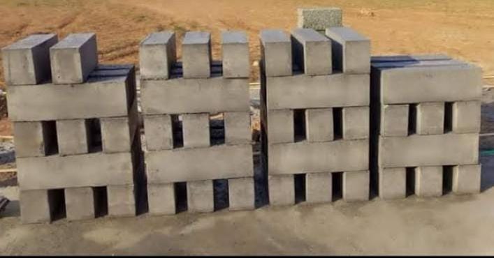 Rows of foam concrete blocks during curing process