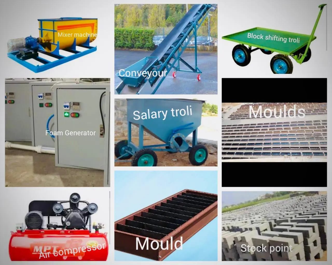 Complete CLC manufacturing equipment including mixer, conveyor, foam generator, trolleys, moulds and stock point